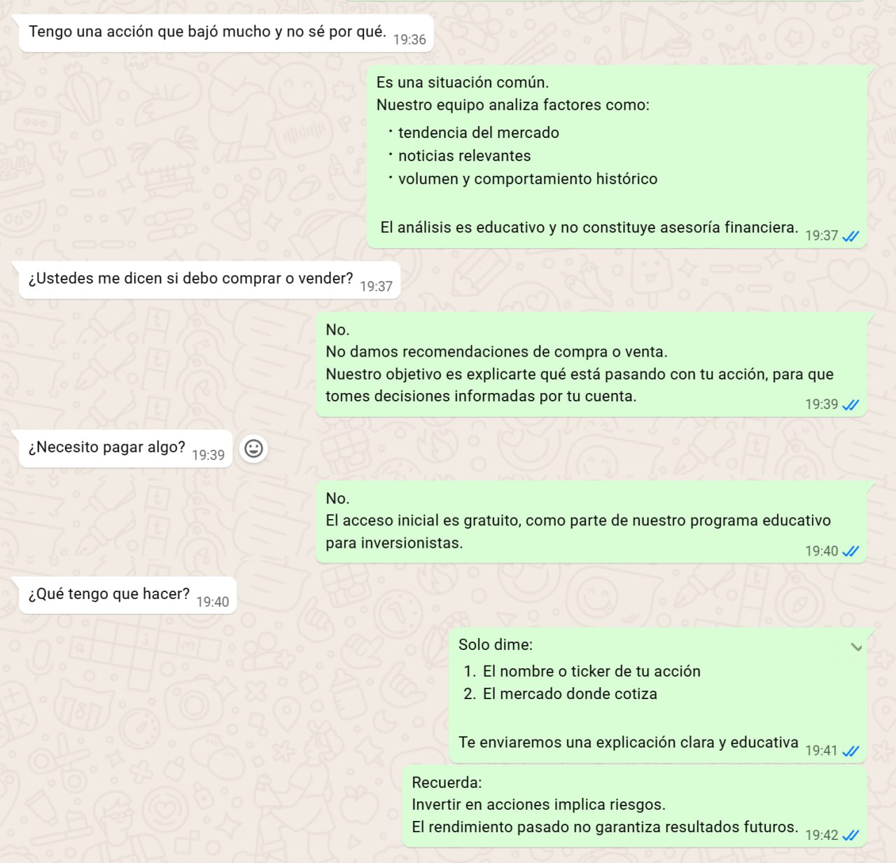 Conversación educativa sobre acciones vía WhatsApp